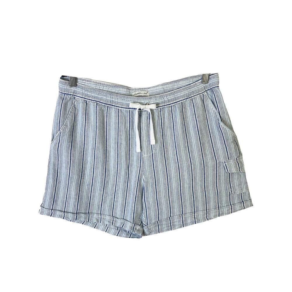 NWOT JUNIPER + LIME Shorts L Linen Blend Stripe Pull On 5 Pockets Cuffed Blue
